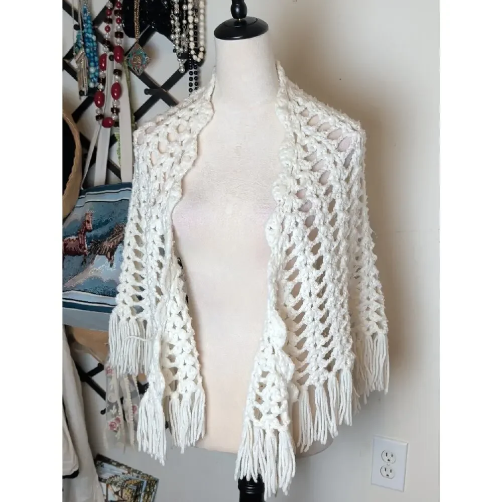 Vintage Handmade Crochet Fringe Shawl Cottagecore Prairie Festival Wrap